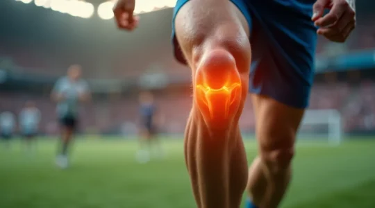 Dynamic close-up of a human knee in motion demonstrating the area of the anterior cruciate ligament with an athletic sport background