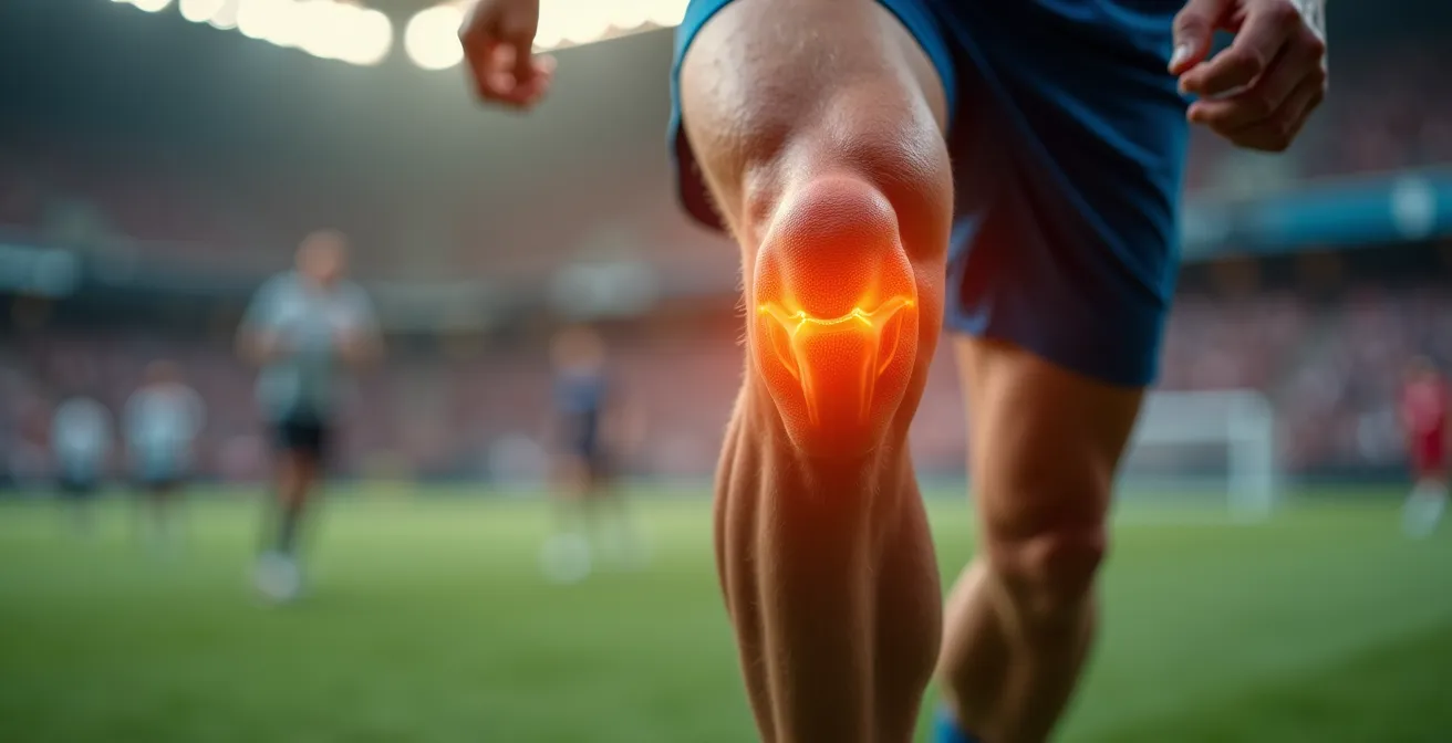 Dynamic close-up of a human knee in motion demonstrating the area of the anterior cruciate ligament with an athletic sport background