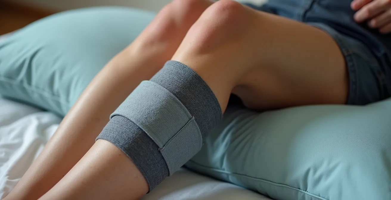 Knee wrapped with compression bandage with ice and elevated on pillow