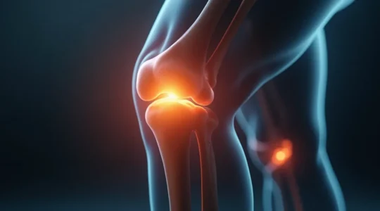 Symbolic illustration of human knee with highlighted ligaments showing recovery and strength