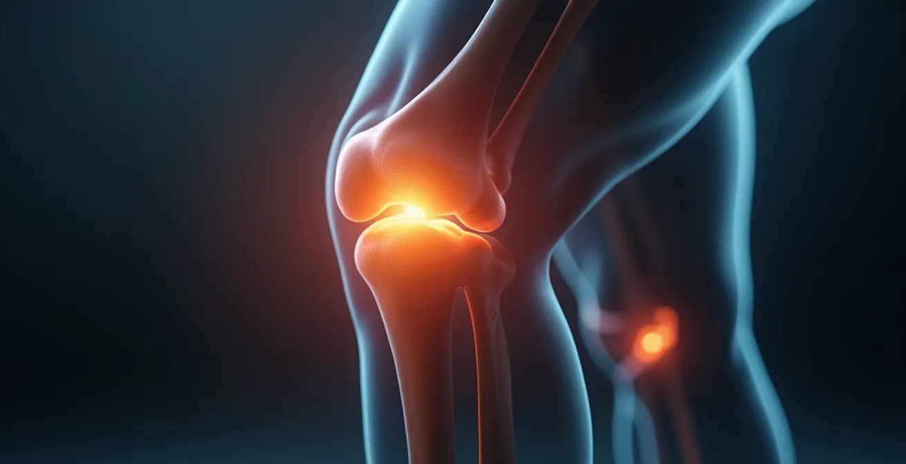 Symbolic illustration of human knee with highlighted ligaments showing recovery and strength