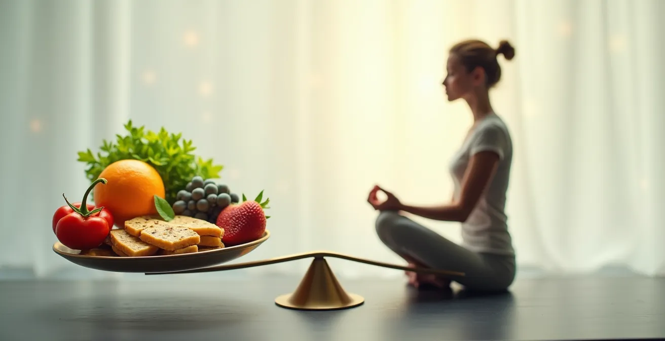 Symbolic image of a balanced scale with healthy foods on one side and a peaceful mind on the other